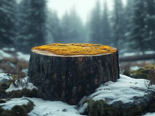 Moss-Covered Stump in a Misty Forest