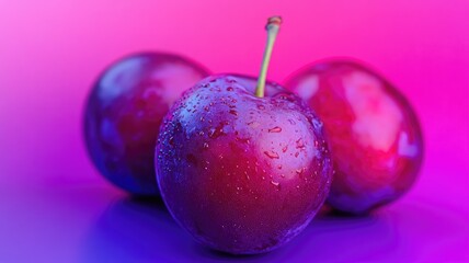 Close-up of fresh purple plums with water droplets on vibrant pink and background