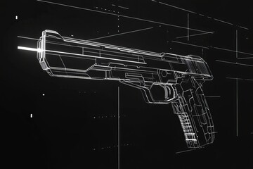A digital wireframe illustration of a handgun, showcasing a futuristic and minimalist design with geometric lines on a black background.