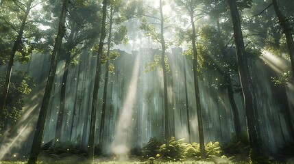 A forest scene with tall trees and sunlight filtering through, with a mockup at the center of the wall. full ultra hd, high resolution