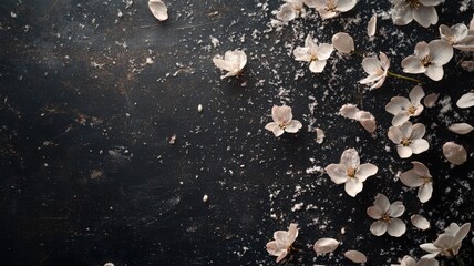 Fototapeta premium Delicate white flowers scattered on dark textured surface