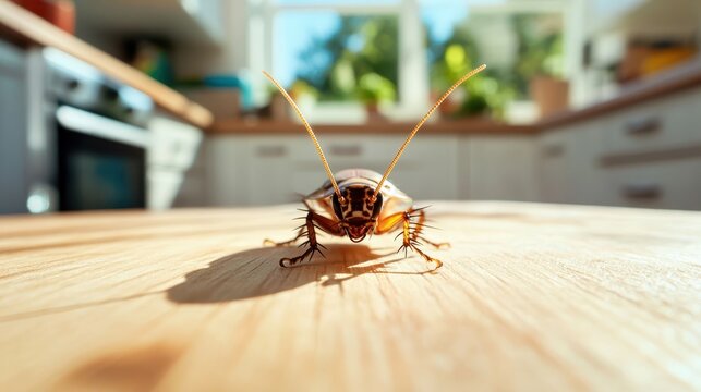 This image shows a cockroach navigating a kitchen surface with sunlight streaming through the window, highlighting the dynamics between pests and human environments.