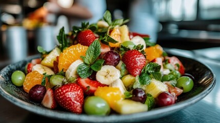 An appetizing fruit salad bowl blending fresh strawberries, grapes, bananas, oranges, and mint...