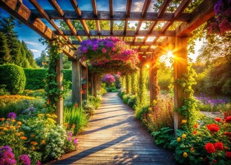 Fototapeta premium Summer Garden Path: Colorful Flowers & Wooden Pergola Long Exposure