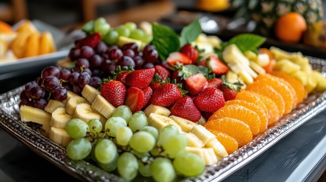 A colorful fruit platter displaying strawberries, grapes, bananas, and oranges neatly arranged for a fresh and nutritious dining experience. - Powered by Adobe