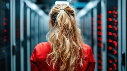 A woman with long blond hair, wearing a red jacket, stands in a modern data center surrounded by servers, portraying technology and futuristic ambiance.