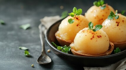 Four pear sorbet scoops in dark bowl garnished with green herbs and sprinkled spices