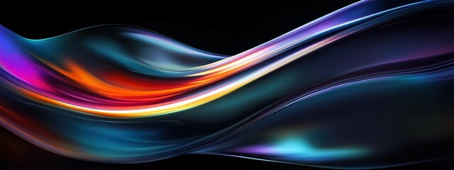 Abstract waves, vibrant colors, neon glow, fluid shapes, cosmic background, dark space, crescent moon, dynamic curves, gradient hues, purple and blue tones, iridescent effect, smooth textures, digital