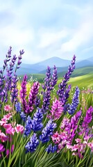 Naklejka premium mood emotion subtle, a field of lavender under an overcast sky, with faint wisps of mist hanging in the air, creating a serene and understated elegance