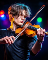 Fototapeta premium mood vibe intense, a musician playing a violin on a dimly lit stage, their face contorted with passion, the dramatic spotlight highlighting the strings and bow in motion