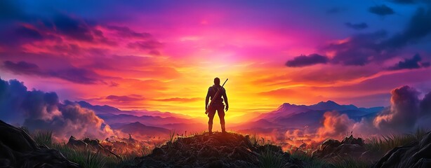 Obraz premium mood vibe dramatic, a warrior standing amidst a battlefield, their silhouette framed by a glowing sunset, with smoke and ruins creating a dramatic and heroic vibe