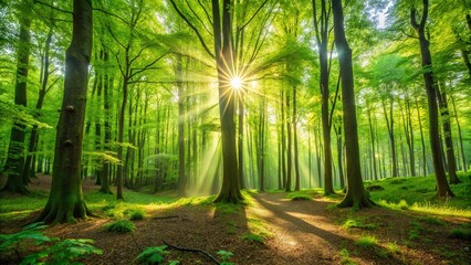 Obraz premium Sun Dappled Green Forest Panorama - Long Exposure Deciduous Trees