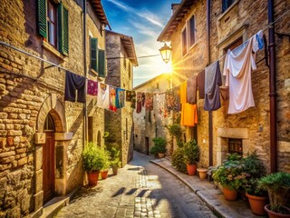 Fototapeta premium Sun-Drenched Umbrian Town: Idyllic Summer Street Scene in Italy