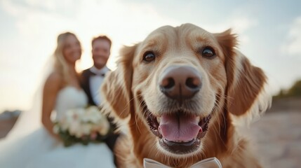 A joyful Golden Retriever with a bow tie is in the foreground with a smiling couple in wedding attire behind, symbolizing companionship and celebration.