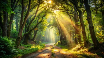 Obraz premium Sunlight Dappled Forest Path: A Mystical Journey into the Woods