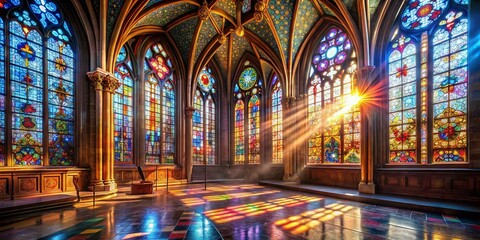 Obraz premium Sunlight Streaming Through Colorful Gothic Stained Glass Windows in Ancient Cathedral - Landscape Photography