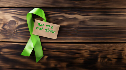 Green ribbon with 'You are not alone' message on wood