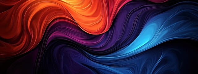 Obraz premium Abstract waves, vibrant colors, fluid motion, dynamic curves, blue orange purple gradients, flowing energy, organic shapes, smooth blending, digital art, colorful swirls, glossy texture, futuristic de