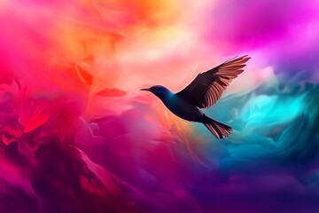 Fototapeta premium A bird gracefully soars through a vivid, abstract background filled with swirling colors and dynamic patterns.