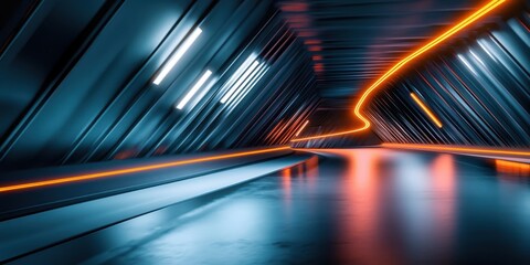 Futuristic tunnel, glowing orange energy lines, reflective floor, sci-fi corridor, neon blue lights, symmetrical perspective, dark atmosphere, cyberpunk aesthetic, sleek architecture, long hallway, dr