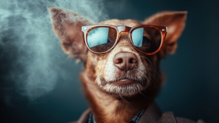 A dog with stylish glasses and a jacket creates a sophisticated look in a soft-focus image with smoke, merging elegant aesthetics and dynamic personality.