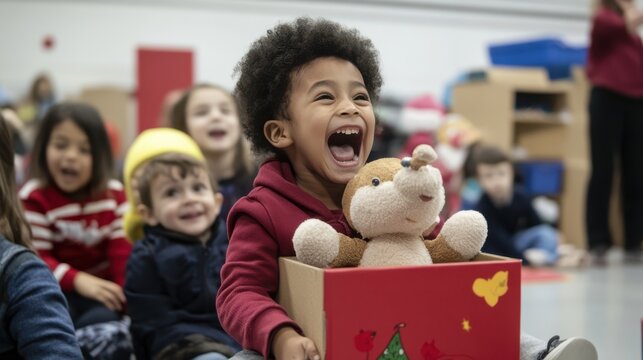 A joyful group of children laughing and watching a puppet show, a shared moment of delight and imagination at a community event.