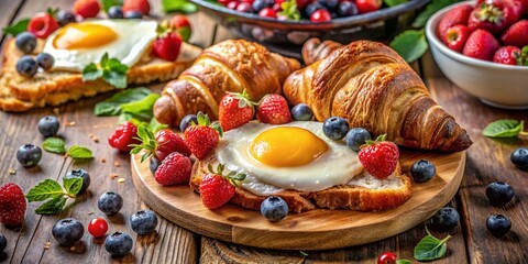 Sunlit Surreal Breakfast: Croissant, Eggs, Berries & Toast
