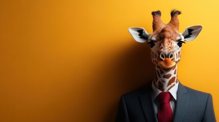 Giraffe in a formal business suit and red tie set against a striking golden background, combining professional aesthetics with a humorous anthropomorphic twist.