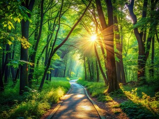 Sunlit Walkway Through Lush Green Forest with Bokeh Effect - Nature Stock Photo