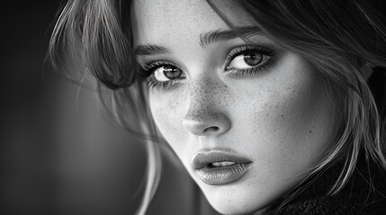 Close-up monochrome portrait of a young woman with freckles and expressive eyes.