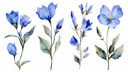 Set of blue watercolor flowers, leaves and twigs on white background. botanical watercolor painting for decorative invitations, posters, or cards. Blossom. Illustration
