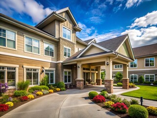 Sunny Exterior of a Modern Assisted Living Facility with Landscaped Gardens