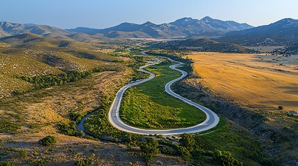 Aerial view of winding road through valley, mountains, river, and fields.