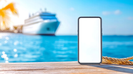 Naklejka premium A smartphone with a blank white screen rests on a wooden dock, overlooking a turquoise sea and a cruise ship in the background under a bright blue sky