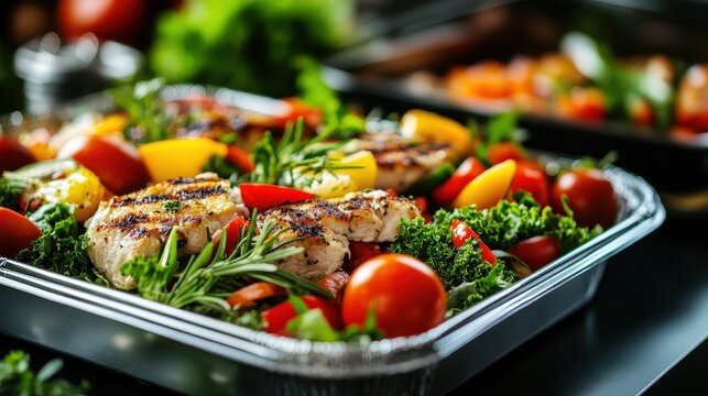 Juicy grilled chicken breast is arranged artfully with an array of colorful vegetables and lush greens, reflecting a sophisticated yet hearty cuisine approach.