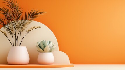 Fototapeta premium Modern Minimalist Display of Decorative Plant Pots with Greenery on a Bright Orange Background for Interior Design Inspiration