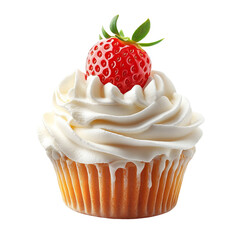 Tasty muffin cake with strawberries and chocolate isolated on white