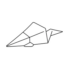 Vector black and white illustration of a paper airplane on a white background.
