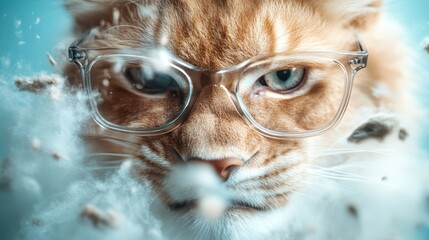 A fierce feline wearing shattered glasses amidst a burst of smoke, capturing raw intensity and power in a dynamic, visually striking display of energy and motion.