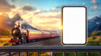 A tablet mockup is prominently displayed on a railing, with a picturesque landscape of mountains and a vintage train traveling along tracks in the background during sunset