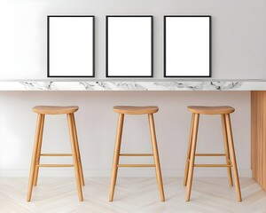 Modern Minimalist Interior with Three Empty Picture Frames Above a Stylish Marble Counter and Wooden Bar Stools in a Bright and Airy Space
