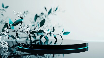 Obraz premium A Minimalist Composition of Elegant Green Leaves and Delicate White Flowers on a Reflective Surface with Soft Ambient Lighting for Modern Decor