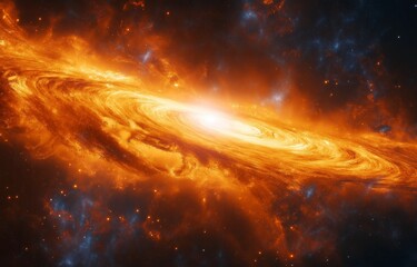 A black hole surrounded by a fiery, swirling nebula in space.