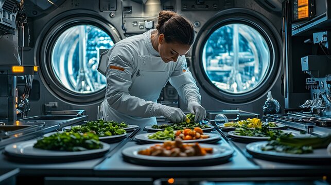 Culinary creation by chef in space laboratory outer space food preparation high-tech environment