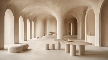 Obraz premium Minimalist interior design with arches, beige walls, and organic furniture.
