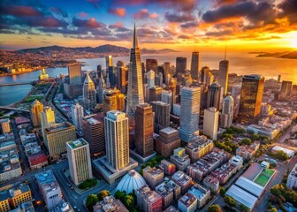 Surreal Aerial View of San Francisco Downtown Skyline, Dreamlike Cityscape, Fantasy Architecture