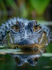 Obraz premium Alligator prowling in marshlands close-up with focused reflection.
