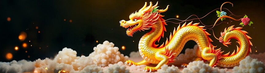Fototapeta premium Experience the Fusion of Tradition and Innovation: Chinese New Year 2025 Celebration with AI-Powered Lanterns and Modern Design. Dramatic Dragon with Floral Accents in Mystical Lighting Scene