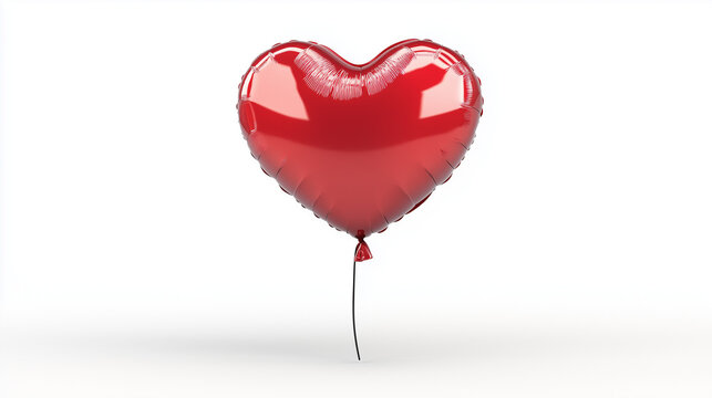 Pojedynczy błyszczący balon w kształcie serca w intensywnej czerwieni, unoszący się na czystym białym tle, idealny na romantyczne lub świąteczne projekty.
