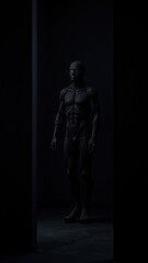 Fototapeta premium An AI-generated humanoid standing in a dimly lit room with a striped pattern on the wall.